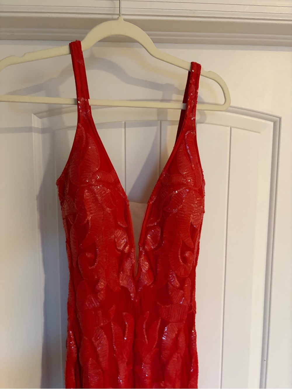 Jovani Red Sequin Plunge V-Neck Evening Gown - Picture 9 of 14